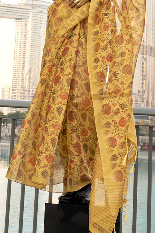 Load image into Gallery viewer, Transcendent Yellow Digital Printed Tissue Silk Saree With Artistic Blouse Piece
