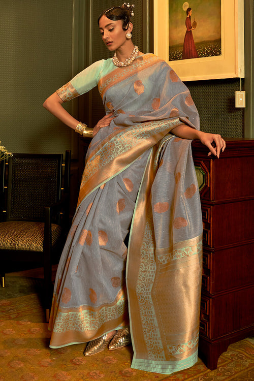 Load image into Gallery viewer, Divine Dark Grey Cotton Silk Saree With Cynosure Blouse Piece
