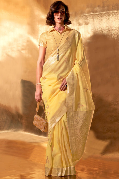 Load image into Gallery viewer, Staggering Yellow Cotton Silk Saree With Gratifying Blouse Piece
