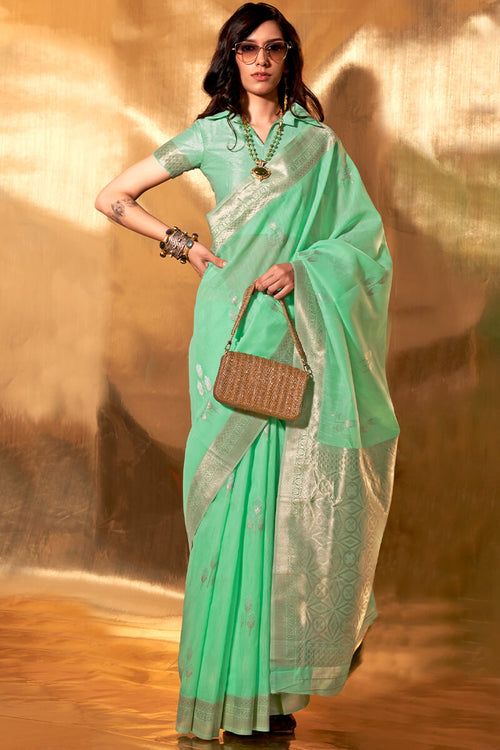 Load image into Gallery viewer, Magnificat Turquiose Cotton Silk Saree With Incomparable Blouse Piece
