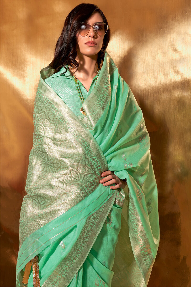 Magnificat Turquiose Cotton Silk Saree With Incomparable Blouse Piece