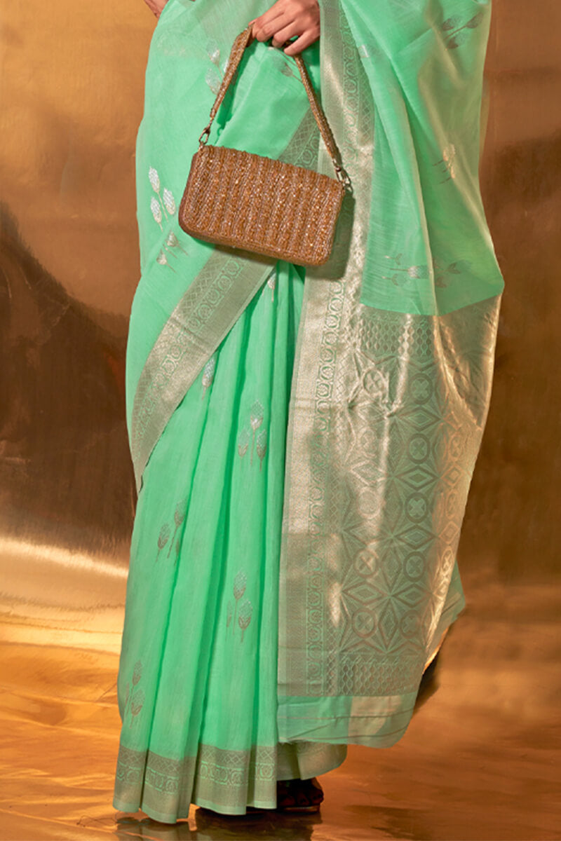 Magnificat Turquiose Cotton Silk Saree With Incomparable Blouse Piece