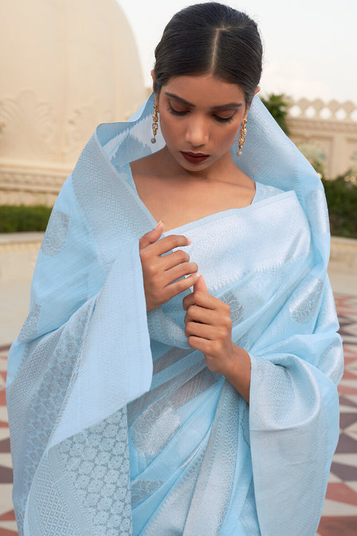 Load image into Gallery viewer, Luxuriant Sky Cotton Silk Saree With Profuse Blouse Piece
