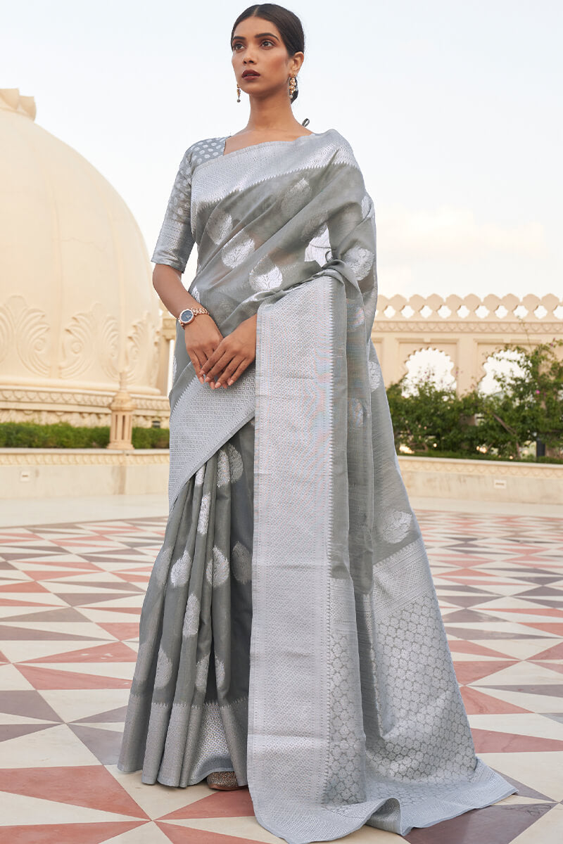 Moiety Grey Cotton Silk Saree With Efflorescence Blouse Piece