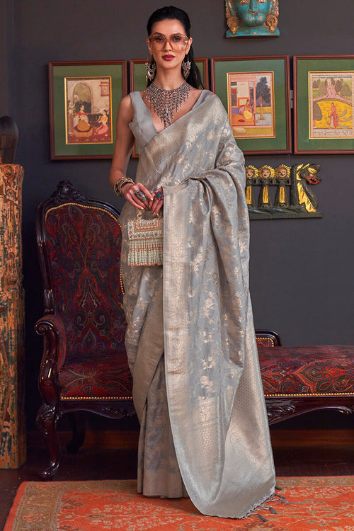 Load image into Gallery viewer, Flameboyant Grey Soft Banarasi Silk Saree With Exquisite Blouse Piece
