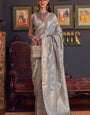 Flameboyant Grey Soft Banarasi Silk Saree With Exquisite Blouse Piece