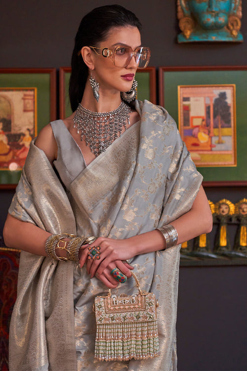 Load image into Gallery viewer, Flameboyant Grey Soft Banarasi Silk Saree With Exquisite Blouse Piece
