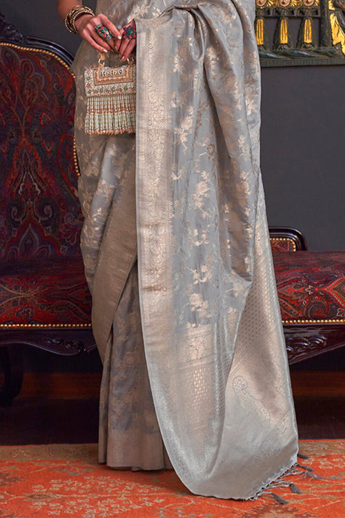 Load image into Gallery viewer, Flameboyant Grey Soft Banarasi Silk Saree With Exquisite Blouse Piece
