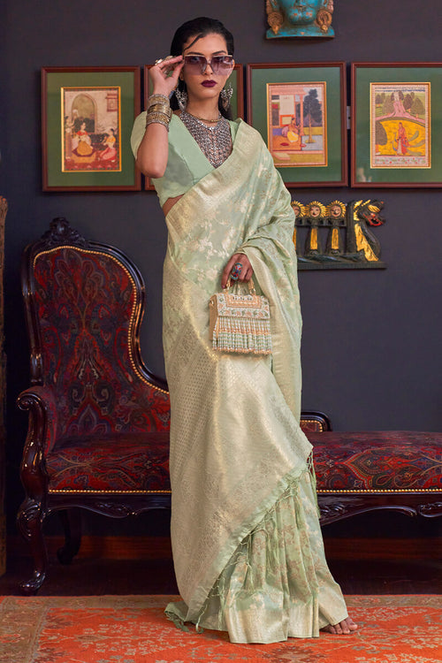 Load image into Gallery viewer, Divine Pista Soft Banarasi Silk Saree With Demure Blouse Piece
