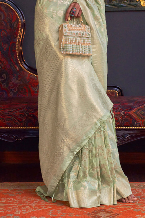 Load image into Gallery viewer, Divine Pista Soft Banarasi Silk Saree With Demure Blouse Piece
