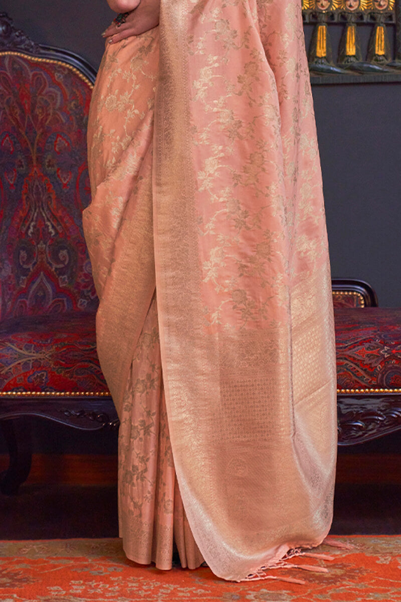 Epiphany Peach Soft Banarasi Silk Saree With Murmurous Blouse Piece