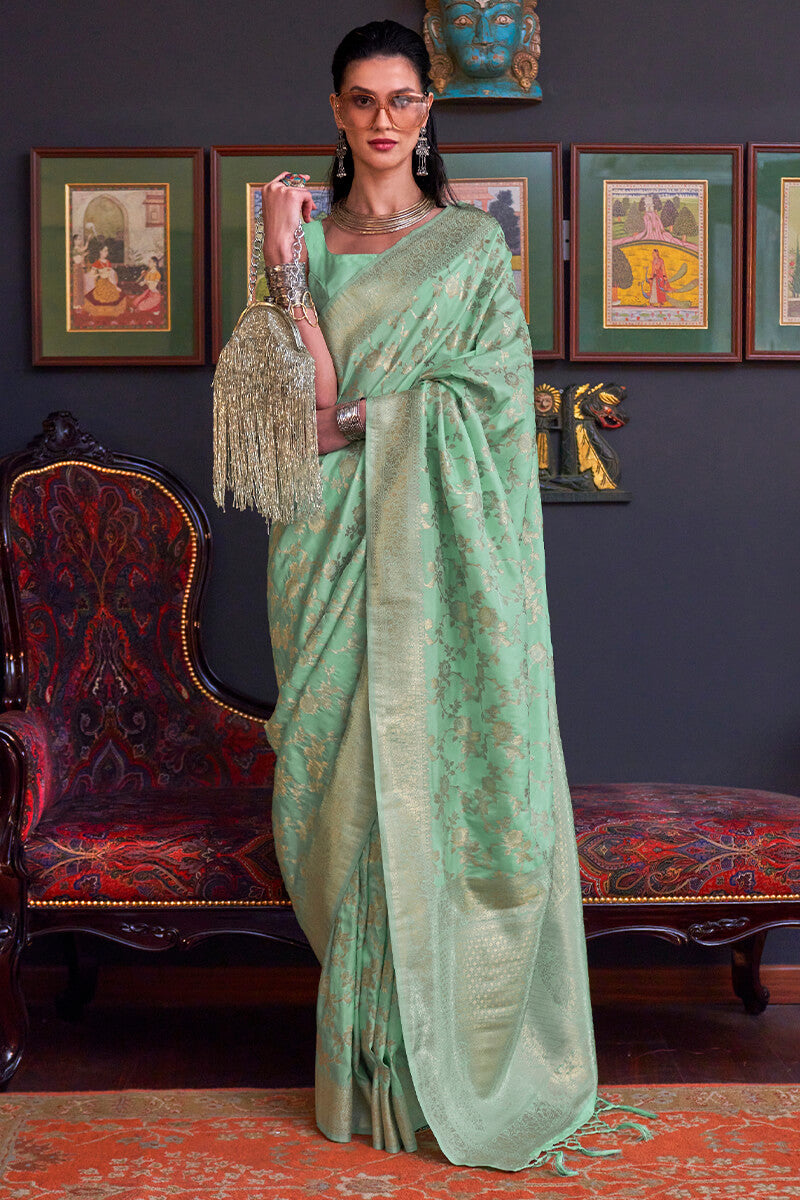 Scrumptious Sea Green Soft Banarasi Silk Saree With Tremendous Blouse Piece