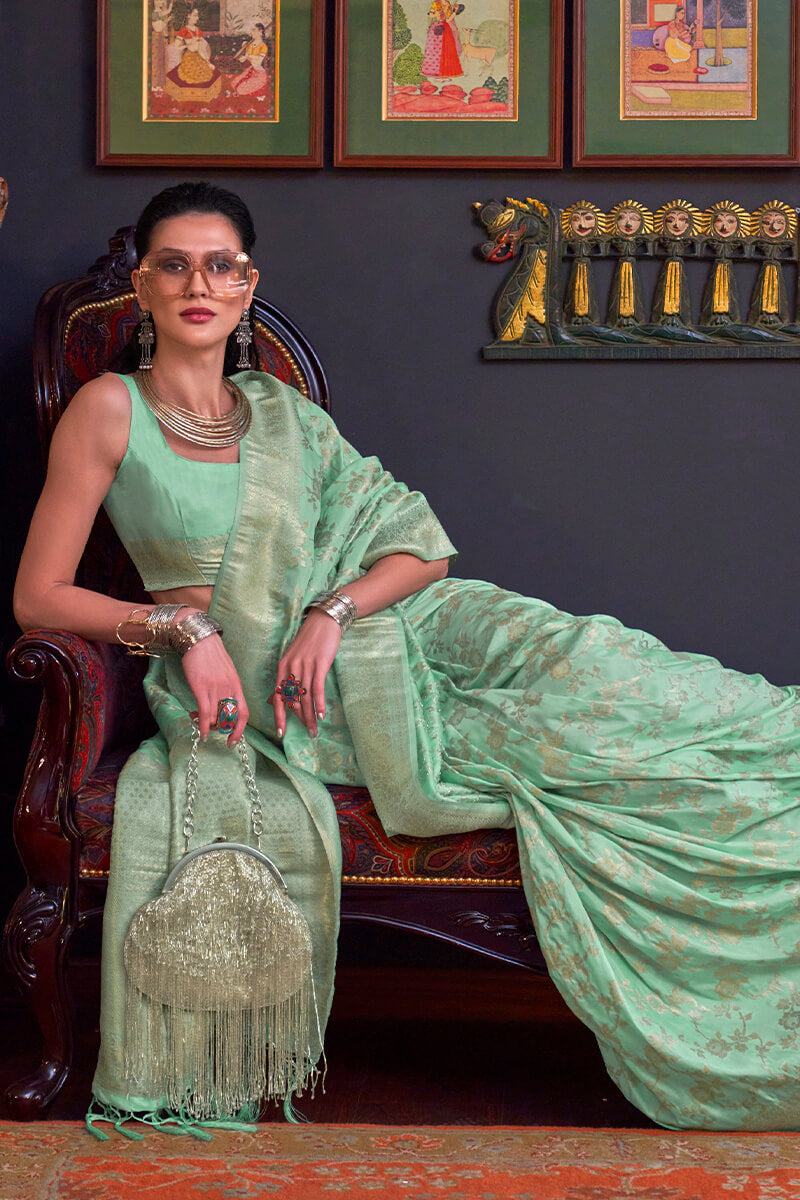 Scrumptious Sea Green Soft Banarasi Silk Saree With Tremendous Blouse Piece