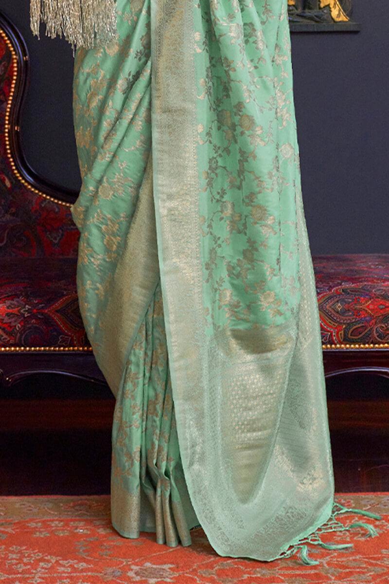 Scrumptious Sea Green Soft Banarasi Silk Saree With Tremendous Blouse Piece