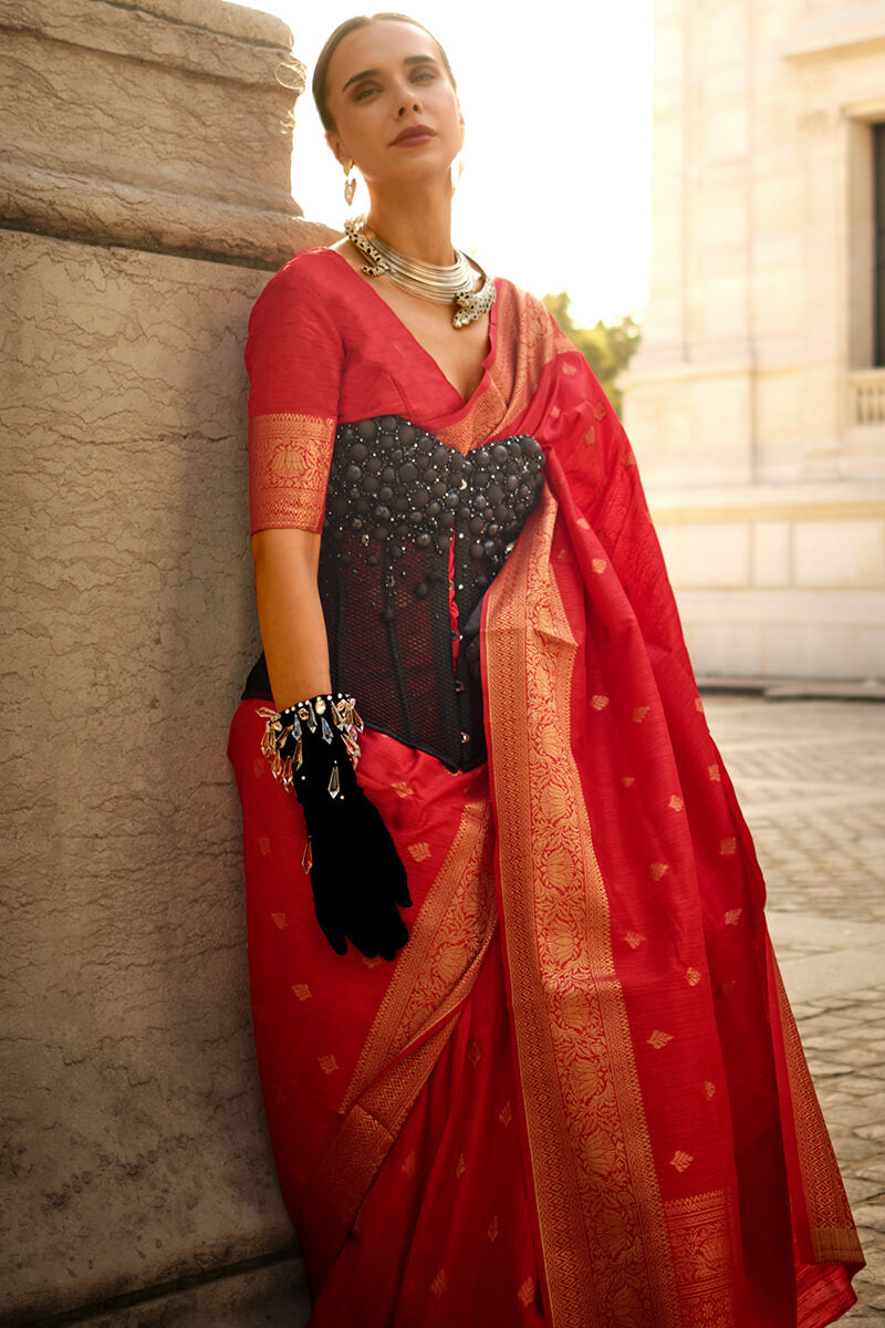 Serendipity Red Soft Banarasi Silk Saree With Ineffable Blouse Piece