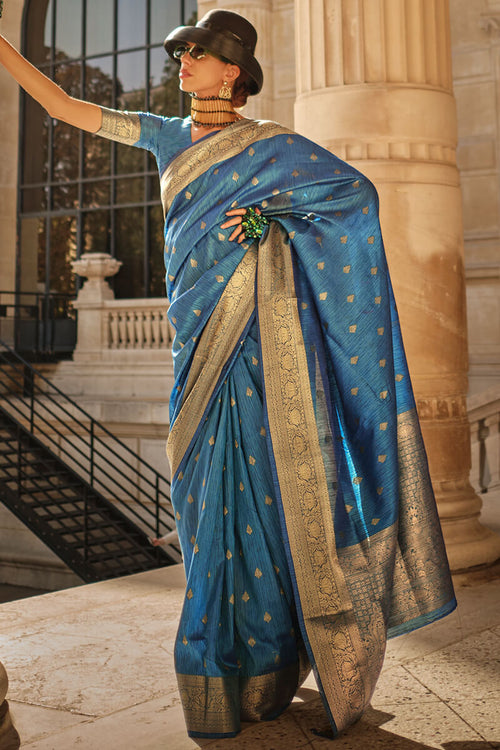 Load image into Gallery viewer, Embrocation Blue Soft Banarasi Silk Saree With Opulent Blouse Piece
