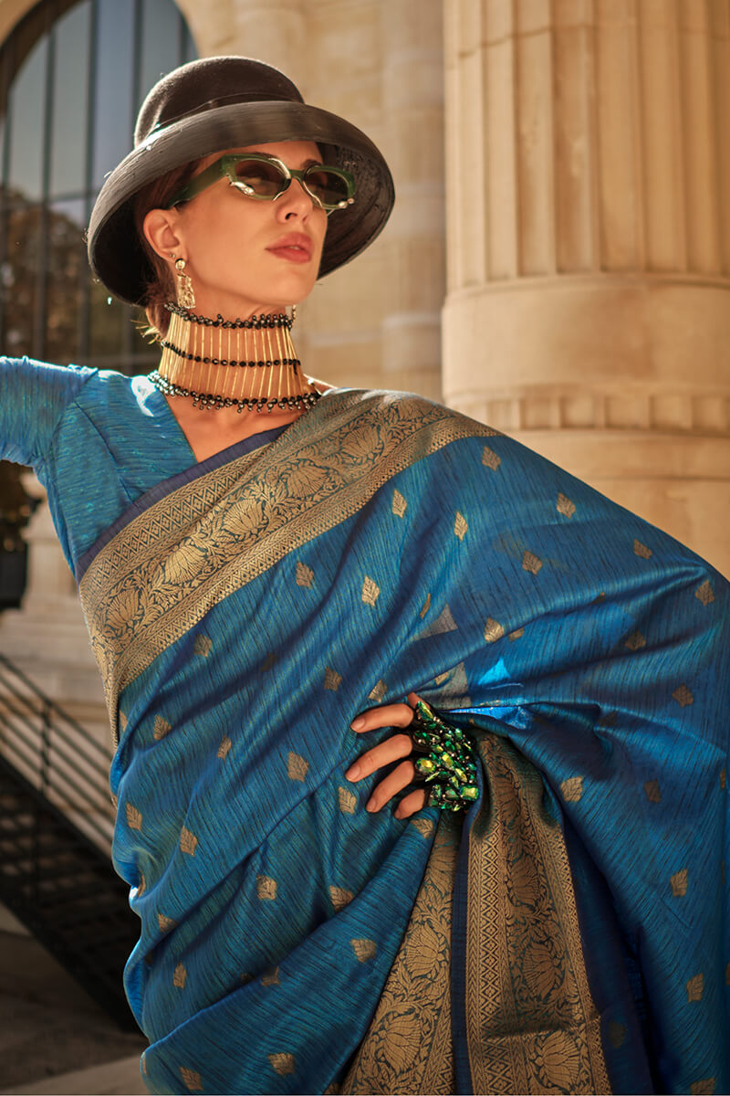 Embrocation Blue Soft Banarasi Silk Saree With Opulent Blouse Piece