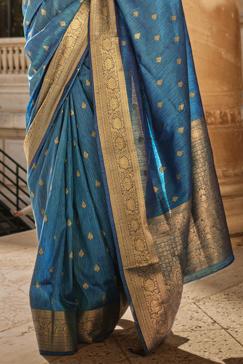 Embrocation Blue Soft Banarasi Silk Saree With Opulent Blouse Piece