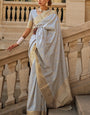 Breathtaking Grey Soft Banarasi Silk Saree With Opulent Blouse Piece