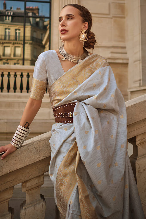 Load image into Gallery viewer, Breathtaking Grey Soft Banarasi Silk Saree With Opulent Blouse Piece
