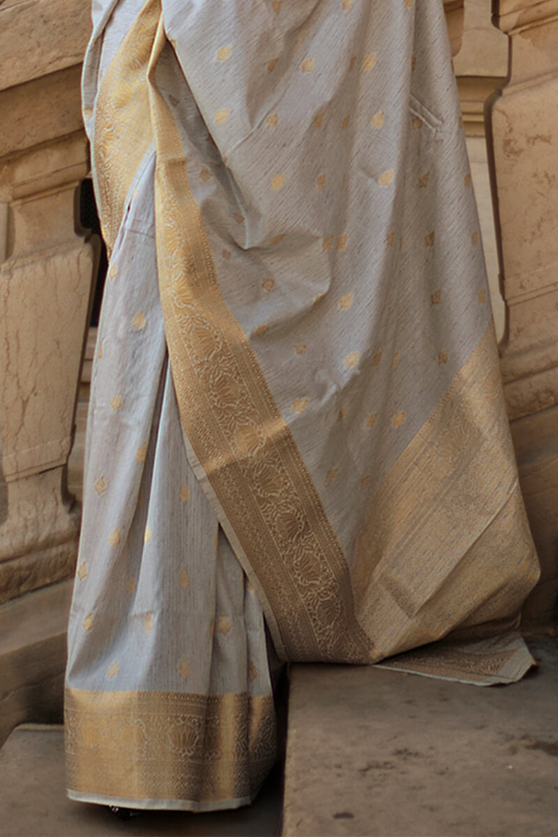 Breathtaking Grey Soft Banarasi Silk Saree With Opulent Blouse Piece