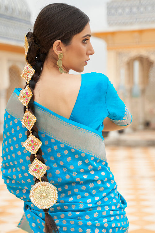 Load image into Gallery viewer, Radiant Firozi Soft Banarasi Silk Saree With Fancifull Blouse Piece
