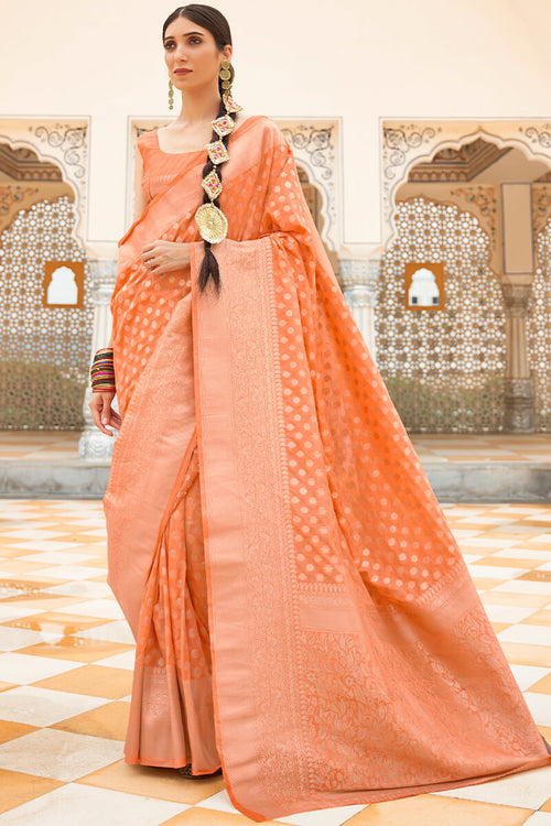 Load image into Gallery viewer, Fairytale Peach Soft Banarasi Silk Saree With Exquisite Blouse Piece
