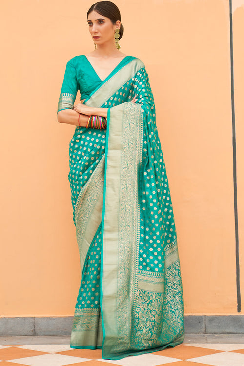 Load image into Gallery viewer, Gossamer Turquoise Soft Banarasi Silk Saree With Moiety Blouse Piece
