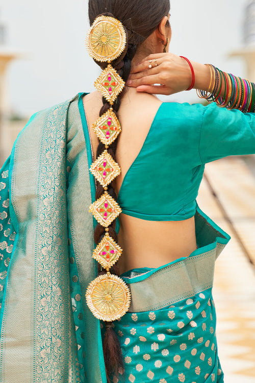 Load image into Gallery viewer, Gossamer Turquoise Soft Banarasi Silk Saree With Moiety Blouse Piece
