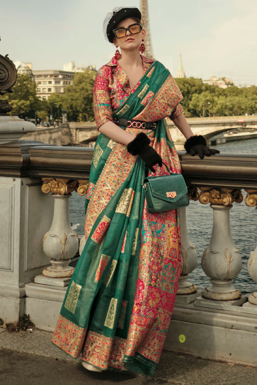 Load image into Gallery viewer, Fragrant Dark Green Pashmina saree With Jubilant Blouse Piece
