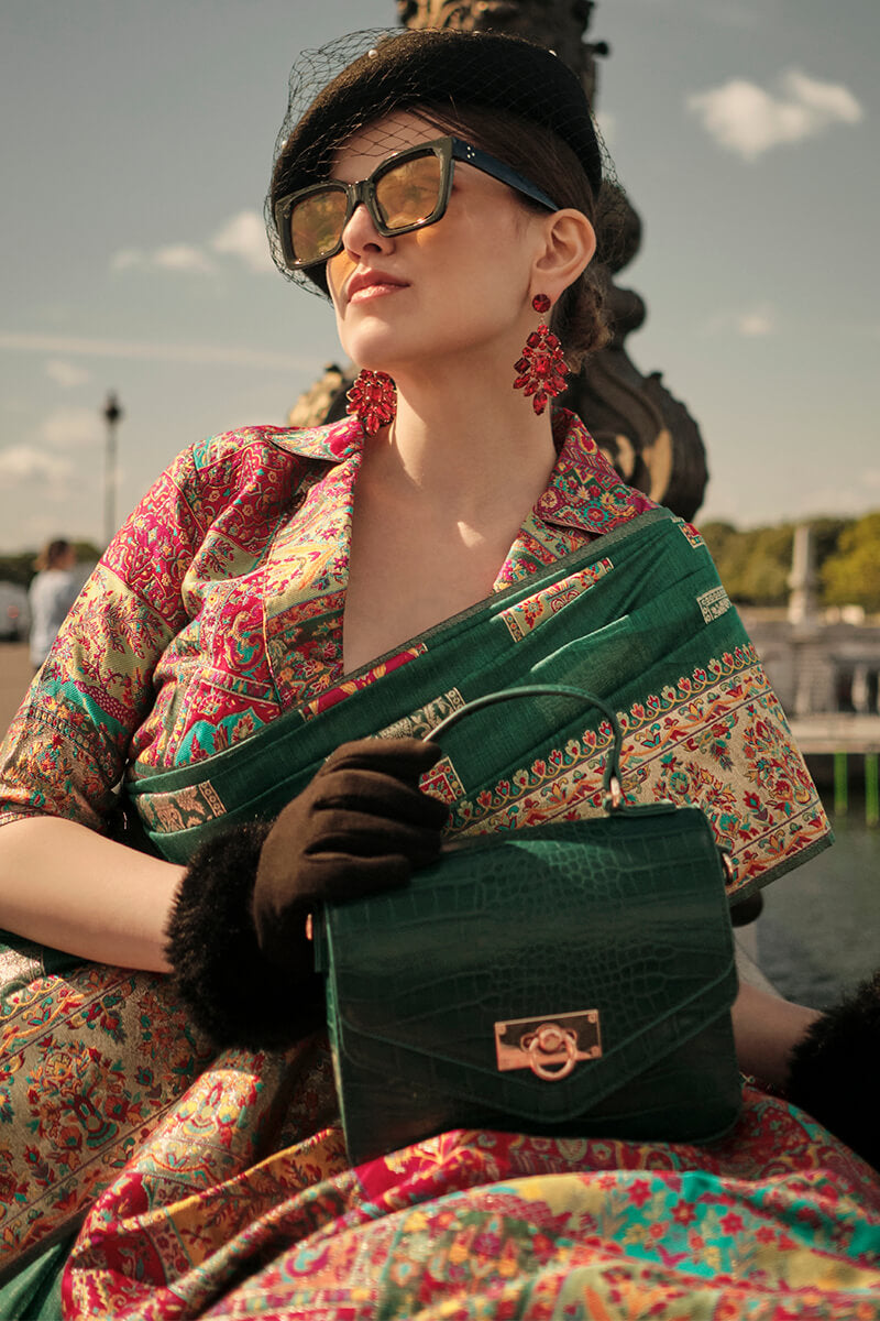 Fragrant Dark Green Pashmina saree With Jubilant Blouse Piece