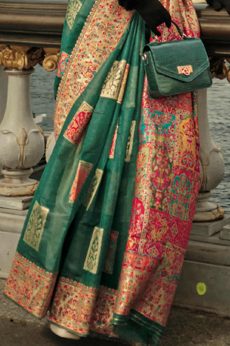 Fragrant Dark Green Pashmina saree With Jubilant Blouse Piece