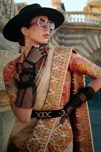 Pleasurable Beige Pashmina saree With Resonant Blouse Piece