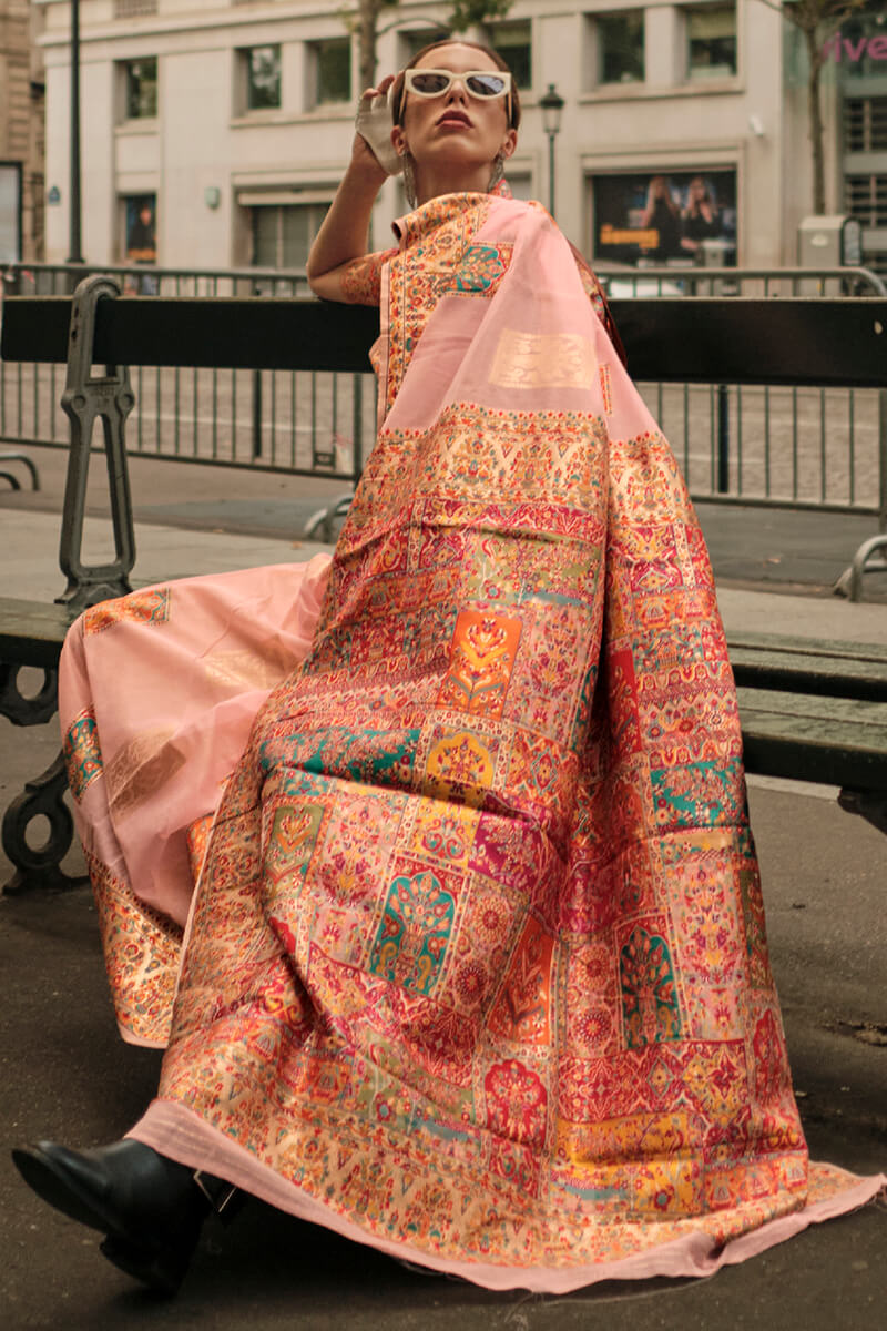 Lissome Pink Pashmina saree With Tantalizing Blouse Piece