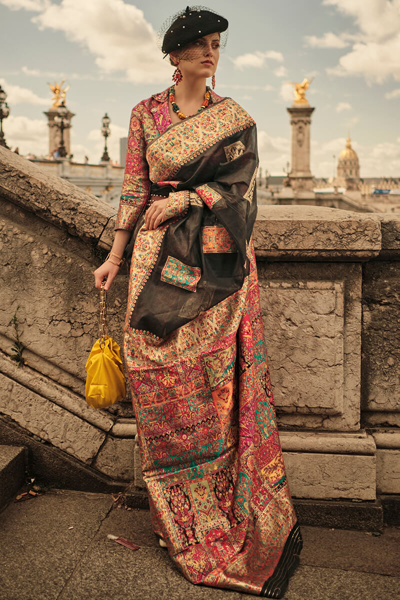 Eloquence Black Pashmina saree With Dulcet Blouse Piece