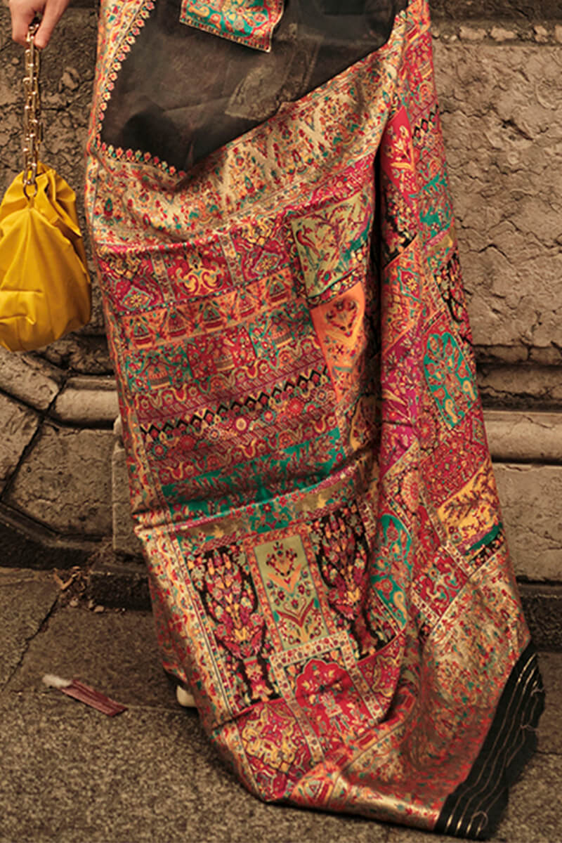 Eloquence Black Pashmina saree With Dulcet Blouse Piece