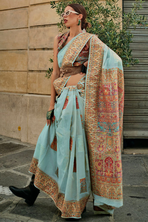 Load image into Gallery viewer, Ailurophile Sky Pashmina saree With Effulgent Blouse Piece
