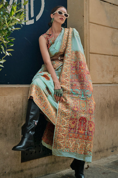 Load image into Gallery viewer, Ailurophile Sky Pashmina saree With Effulgent Blouse Piece
