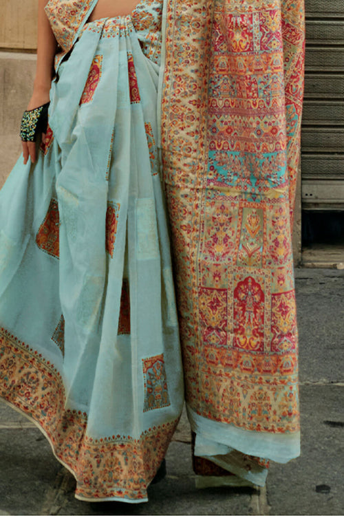 Load image into Gallery viewer, Ailurophile Sky Pashmina saree With Effulgent Blouse Piece
