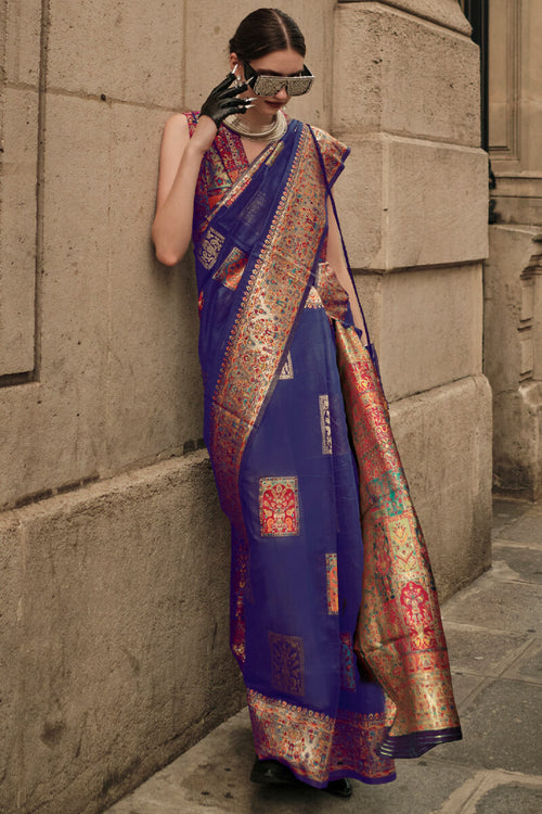 Load image into Gallery viewer, Fairytale Royal Blue Pashmina saree With Charismatic Blouse Piece
