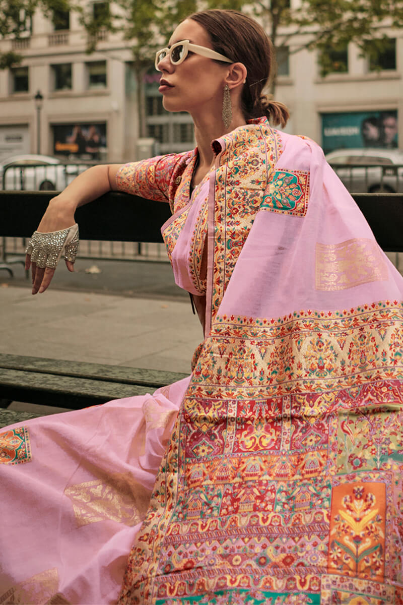 Pleasant Baby Pink Pashmina saree With Vivacious Blouse Piece