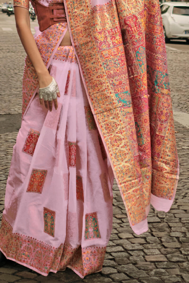 Pleasant Baby Pink Pashmina saree With Vivacious Blouse Piece