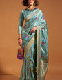 Prominent Sky Banarasi Satin Silk Saree With Glorious Blouse