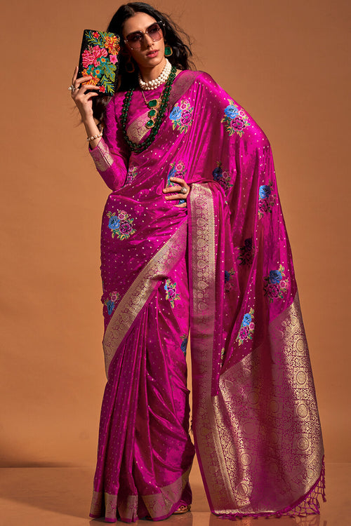 Load image into Gallery viewer, Excellent Dark Pink Banarasi Satin Silk Saree With Efflorescence Blouse
