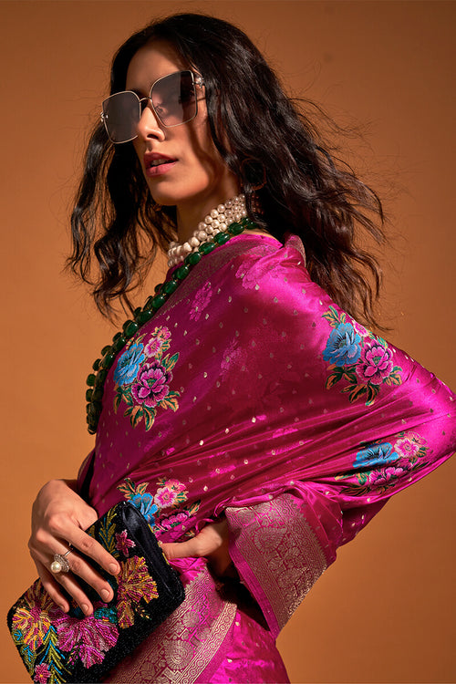 Load image into Gallery viewer, Excellent Dark Pink Banarasi Satin Silk Saree With Efflorescence Blouse
