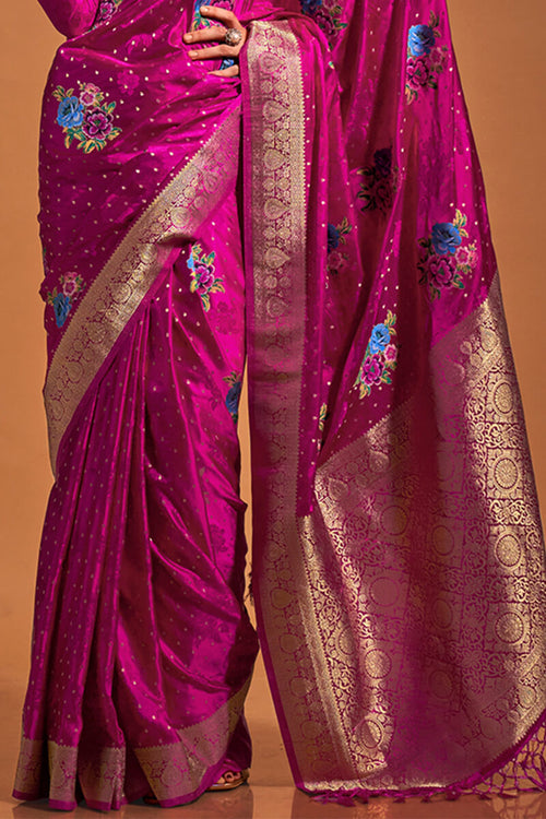 Load image into Gallery viewer, Excellent Dark Pink Banarasi Satin Silk Saree With Efflorescence Blouse
