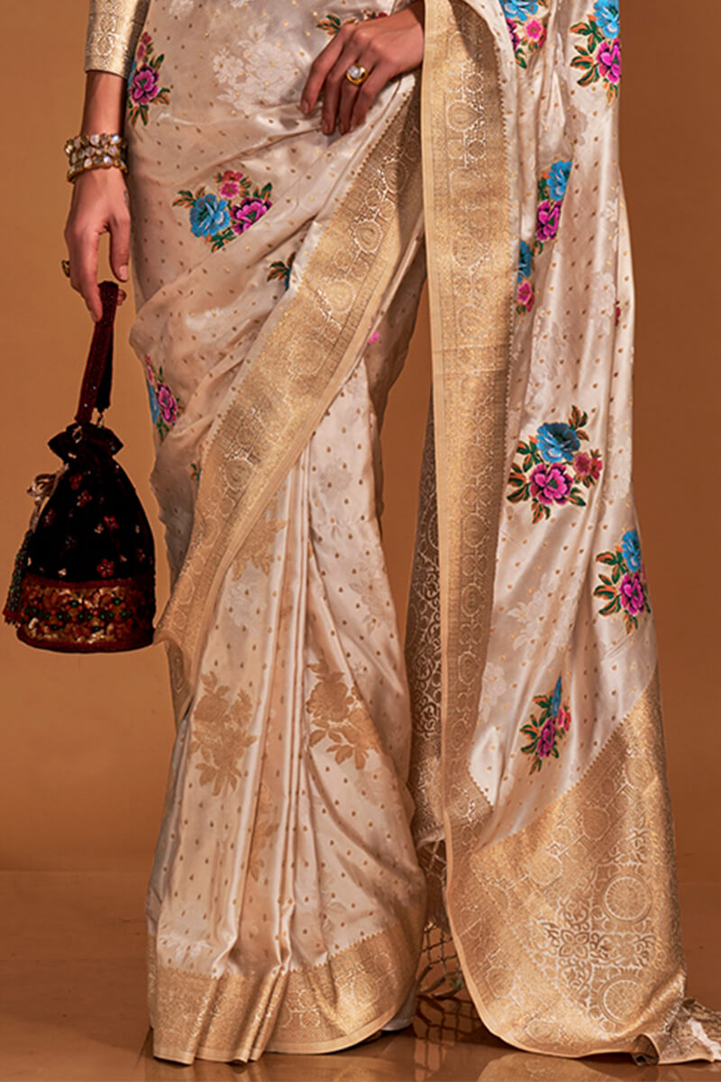 Exemplary Beige Banarasi Satin Silk Saree With Lustrous Blouse