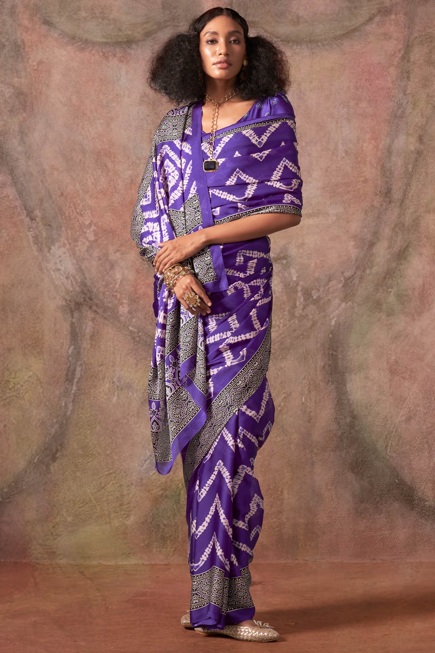 Innovative Violet Ajrakh Printed Satin Silk Saree With Exquisite Blouse Piece