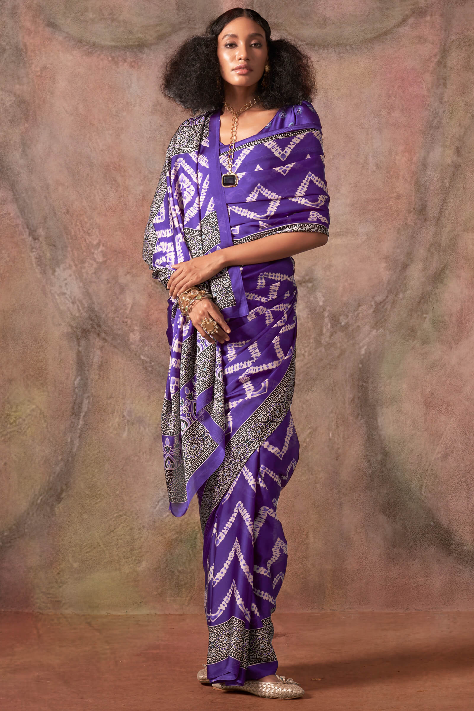 Innovative Violet Ajrakh Printed Satin Silk Saree With Exquisite Blouse Piece