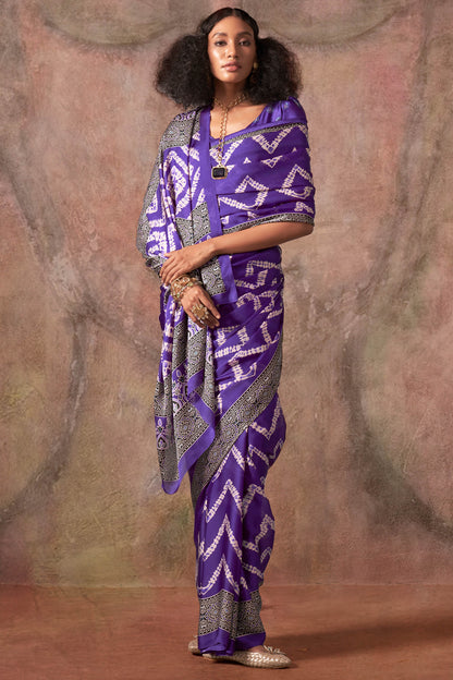 Innovative Violet Ajrakh Printed Satin Silk Saree With Exquisite Blouse Piece